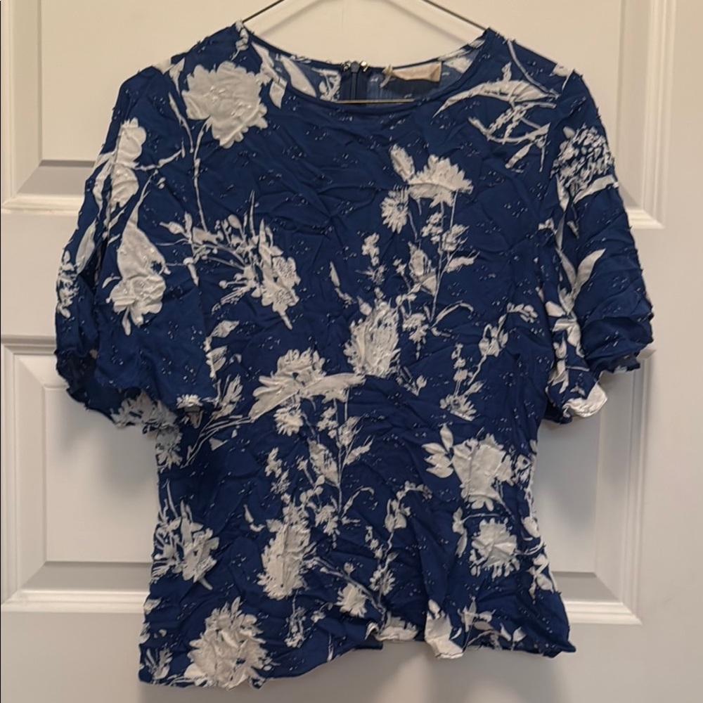Altar'd State Blue and White Ruffled Floral Puff Sleeve Blouse